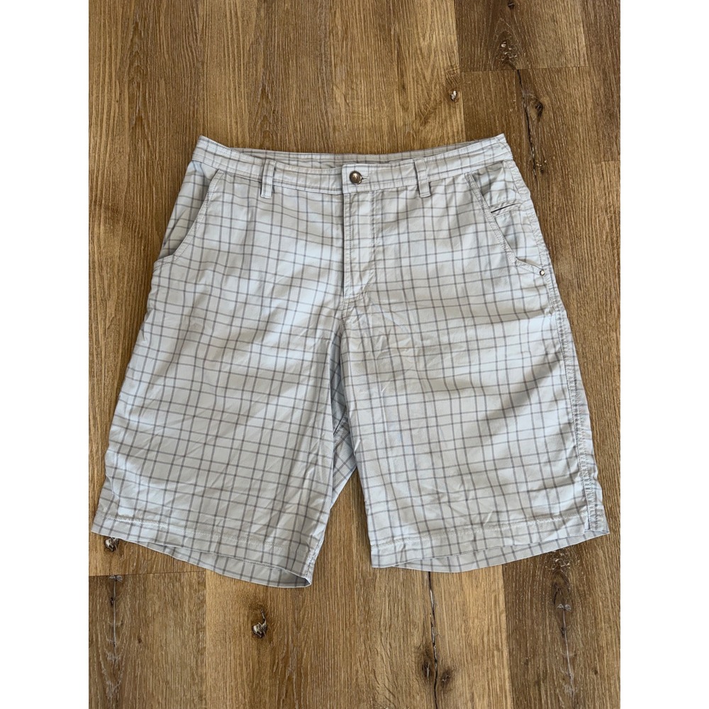 Lululemon Kahuna Minimalist Grid Plaid Flat Front Shorts Mens 34 Beige Gray Golf